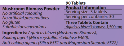 Supplement facts for Blazei-MRL ™ 90T listing ingredients including Agaricus Blazei, Alpha Lipoic Acid, Cellulose (vegetarian capsule), Collodial Anhydrous Silica, Magnesium stearate