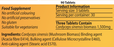 Supplement facts for Cordyceps-MRL ™ 90T listing ingredients including Cordyceps, Cordyceps sinensis