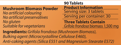 Supplement facts for Maitake-MRL ™ 90T listing ingredients including Grifola frondosa, Maitake