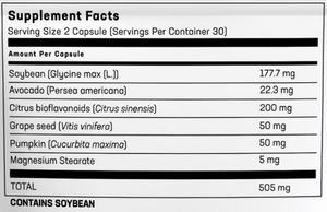 Supplement facts for Moderaflam 60s listing ingredients including Avocado (Persea Gratissima), Avocado oil, Citrus Aurantium, Citrus Bioflavonoids extract, Glycine