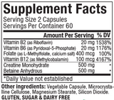 Supplement facts for Methyl Complete listing ingredients including Betaine Anhydrous, Calcium, Creatine Monohydrate, Folate, Vitamin B12