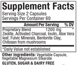 Text listing the ingredients including Zeolite, Activated charcoal, Inulin, Aloe Vera leaf, Fulvix minerals, Bentonite clay, Chitosan.