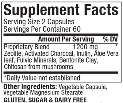 Text listing the ingredients including Zeolite, Activated charcoal, Inulin, Aloe Vera leaf, Fulvix minerals, Bentonite clay, Chitosan.