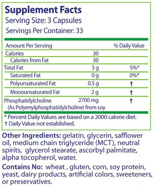 Supplement facts for PhosChol Gel Capsules listing ingredients including Phosphatidylcholine