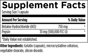 Supplement facts for Betaine HCI listing ingredients including Betaine HCI, Pepsin