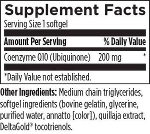 Text listing the ingredients including Coqnzyme q10,  Ubiquinone, medium chain triglycerides, softgel ingredients (bovine gelatin, glycerine, purified water, annatto), quillaja extract, deltagold tocotrienols 