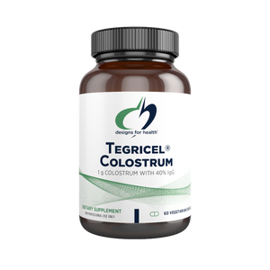 A supplement bottle with the name Tegricel Colostrum by Designs for Health 60 vegetarian capsules 