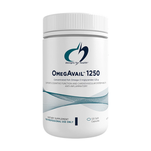 A supplement bottle with the label OmegAvail 1250 120 soft capsules 