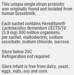 Supplement facts for Qiara Infant listing ingredients including Lactobacillus, Lactobacillus fermentum, Maltodextrin resistant, Sodium, Sucrose