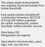 Supplement facts for Qiara Infant listing ingredients including Lactobacillus, Lactobacillus fermentum, Maltodextrin resistant, Sodium, Sucrose