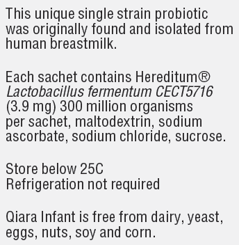 Supplement facts for Qiara Infant listing ingredients including Lactobacillus, Lactobacillus fermentum, Maltodextrin resistant, Sodium, Sucrose