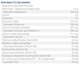 text listing the ingredients including Magnesium Glycinate dihydrate, Metamag, Magnesium bisglycinate, Taurine, Glutamine, Potassium citrate, Calcium ascorbic acid, vitamin c, Calcium citrate tetrahydrate, calcium, Thiamine hydrochloride, vitamin b1, Riboflavin, vitamin b2, Nicotinamide, vitamin b3, Calcium pantothenate, vitamin b5, Pyridoxal 5-phosphate monohydrate, vitamin b6, Zinc, Zinc bisglycinate