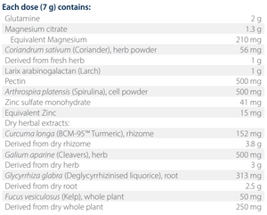 Text listing the ingredients including Glutamine, magnesium citrate, Coriandrum sativum, Coriander, Larix arabinogalactan, Larch, Pectin, Arthrospira platensis, Spirulina, Zinc sulfate, Curcuma Longa, Turmeric, Galium aparine, cleavers, Glycyrrhiza glabra, Deglycyrrhizinised liquorice, Fucus Vesiculosus