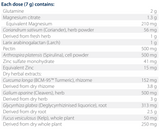 Text listing the ingredients including Glutamine, magnesium citrate, Coriandrum sativum, Coriander, Larix arabinogalactan, Larch, Pectin, Arthrospira platensis, Spirulina, Zinc sulfate, Curcuma Longa, Turmeric, Galium aparine, cleavers, Glycyrrhiza glabra, Deglycyrrhizinised liquorice, Fucus Vesiculosus