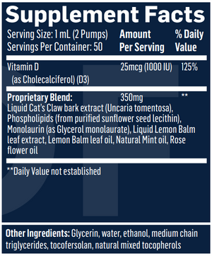 Supplement facts for Cat's Claw Elite - nanoemulsion listing ingredients including Cat's claw, Lemon Balm Extract, Lecithin, Lemon, Lemon Balm