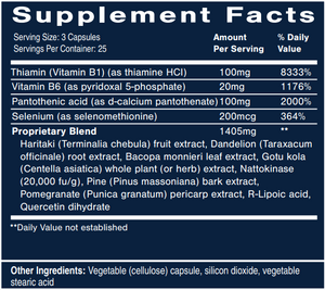 Supplement facts for Clear Way Cofactors listing ingredients including Alpha-lipoic acid R-form, Brahmi, Calcium pantothenate, Centella Asiatica Gotu Kola, Chebulic myrobalan