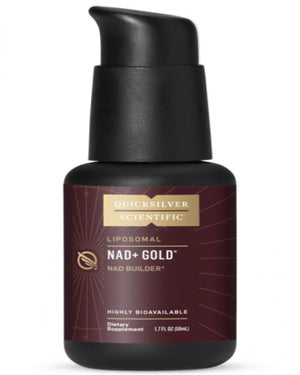 A Supplement bottle with the name Nad + Gold (50mls) by Quicksilver.