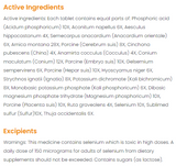 Supplement facts for Cerebrum Compostium Tablets 50 listing ingredients including Anacardium Orientale, Arnica montana, China root (Smilax china), Collagen peptides porcine, Collagen porcine