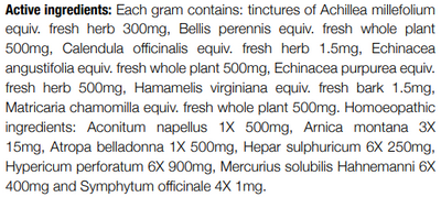 Supplement facts for Traumeel Cream listing ingredients including Arnica montana, Belladonna, Bellis Perennis, Calendula Extract, Comfrey (Symphytum Officinale)