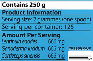 Supplement facts for Triton-MRL 250g listing ingredients including Cordyceps, Reishi, Shiitake