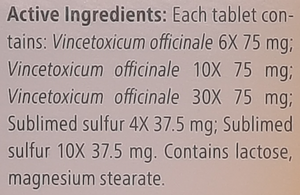 Supplement facts for Engystol Tablets 50 listing ingredients including Sulfur