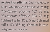 Supplement facts for Engystol Tablets 50 listing ingredients including Sulfur