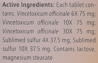 Supplement facts for Engystol Tablets 50 listing ingredients including Sulfur