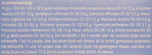Supplement facts for Traumeel Drops listing ingredients including Arnica montana, Bellis Perennis, Calendula Extract, Comfrey (Symphytum Officinale), Echinacea Angustifolia