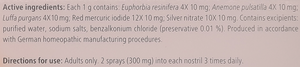 Supplement facts for Euphorbium Comp Nasal Spray 20mL listing ingredients including Pasqueflower (Pulsatilla pratensis)