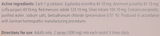 Supplement facts for Euphorbium Comp Nasal Spray 20mL listing ingredients including Pasqueflower (Pulsatilla pratensis)