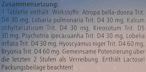 Supplement facts for Bronchalis-Heel Tablets 50 listing ingredients including Hyoscyamus, Kreosote, Lobelia Inflata, Pecacuanha, White Bryony