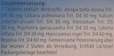 Supplement facts for Bronchalis-Heel Tablets 50 listing ingredients including Hyoscyamus, Kreosote, Lobelia Inflata, Pecacuanha, White Bryony