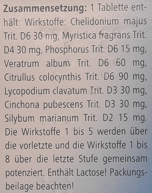 Supplement facts for Hepeel Tablets 50 listing ingredients including Celandine, Milk thistle (Silybum marianum), Myristica fragrans, Phosphorus, Veratrum Viride