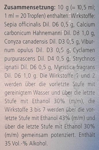 Supplement facts for Hormeel S Drops 30mL listing ingredients including Calcium, Cramp Bark, Myristica fragrans, Sepia (Sepia officinalis)