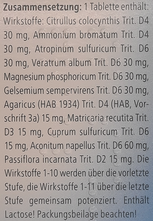 Supplement facts for Spascupreel Tablets 50 listing ingredients including Agaricus Blazei, Agaricus bisporus, Gelsemium Sempervirens, Magnesium, Matricaria chamomilla