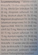Supplement facts for Spascupreel Tablets 50 listing ingredients including Agaricus Blazei, Agaricus bisporus, Gelsemium Sempervirens, Magnesium, Matricaria chamomilla