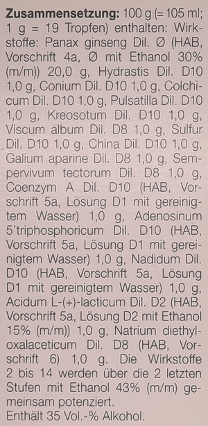 Supplement facts for Ginseng Compositum Drops 30mL listing ingredients including Ethanol, Galium Aparine, Korean Ginseng (Panax ginseng), Kreosote, Sulfur