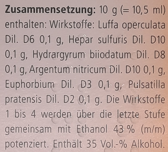 Supplement facts for Euphorbium Comps Drops 30mL listing ingredients including Argentum Nitricum, Ethanol, Luffa Operculata, Pasqueflower (Pulsatilla pratensis)