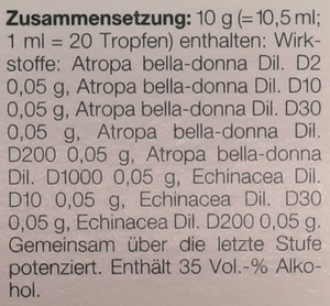 Supplement facts for Belladonna-Homaccord Drops 30mL listing ingredients including Echinacea Angustifolia