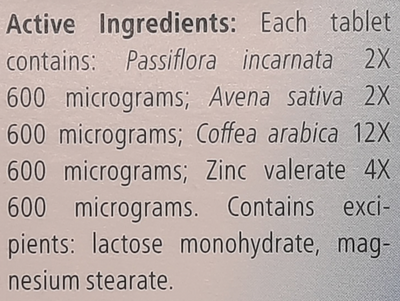 Supplement facts for Nervoheel Tablets 50 listing ingredients including Avena Sativa, Coffea Arabica Seed Extract, Magnesium stearate, Passionflower (Passiflora incarnata), Zinc
