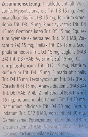 Supplement facts for Lymphomyosot Tablets 100 listing ingredients including Calcium, China root (Smilax china), Equisetum, Gentian Lutea, Geranium Oil