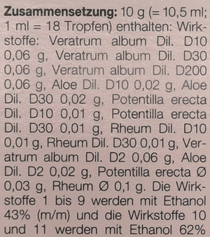 Supplement facts for Veratrum Homaccord Drops 30mL listing ingredients including Ethanol, Veratrum Viride