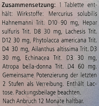 Supplement facts for Mercurius Heels Tablets 50 listing ingredients including Echinacea Angustifolia, Lachesis, Phytolacca Americana
