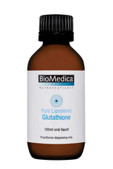 A supplement container of Pure Liposome Glutathione 100ml by Bio-Medica