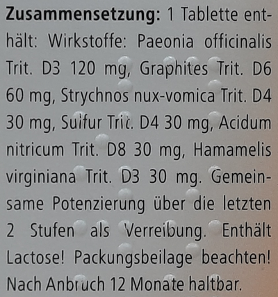 Supplement facts for Paeonia Comp Heel Tablets 50 listing ingredients including Althaea officinalis, Graphites, Nux vomica, Sulfur, Uricum Acidum