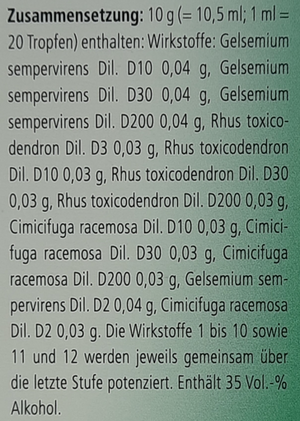 Supplement facts for Gelsemium Homaccord Drops 30mL listing ingredients including Cetyl Alcohol, Cimicifuga Racemosa, Gelsemium Sempervirens, Poison Ivy (Rhus Toxicodendron), Vitamin D3