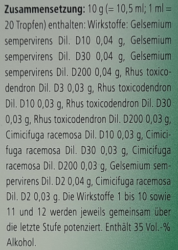 Supplement facts for Gelsemium Homaccord Drops 30mL listing ingredients including Cetyl Alcohol, Cimicifuga Racemosa, Gelsemium Sempervirens, Poison Ivy (Rhus Toxicodendron), Vitamin D3