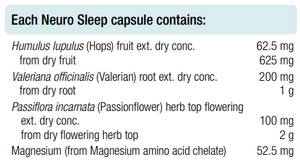 Supplement facts for Neuro Sleep 60 Capsules listing ingredients including Hops, Humulus lupulus, Magnesium, Passionflower (Passiflora incarnata), Valerian root (Valeriana officinalis)