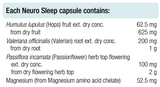 Supplement facts for Neuro Sleep 60 Capsules listing ingredients including Hops, Humulus lupulus, Magnesium, Passionflower (Passiflora incarnata), Valerian root (Valeriana officinalis)
