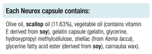Supplement facts for Neurex 60 Capsules listing ingredients including Carnauba Wax, Glycine, Hydroxypropyl Methylcellulose, Olive oil, Soy (Glycine max)